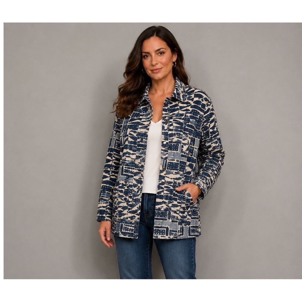 Chico's Blue Cream Aztec Ikat Button-UpJacket 8‎ 100% Cotton Coastal Grandmother